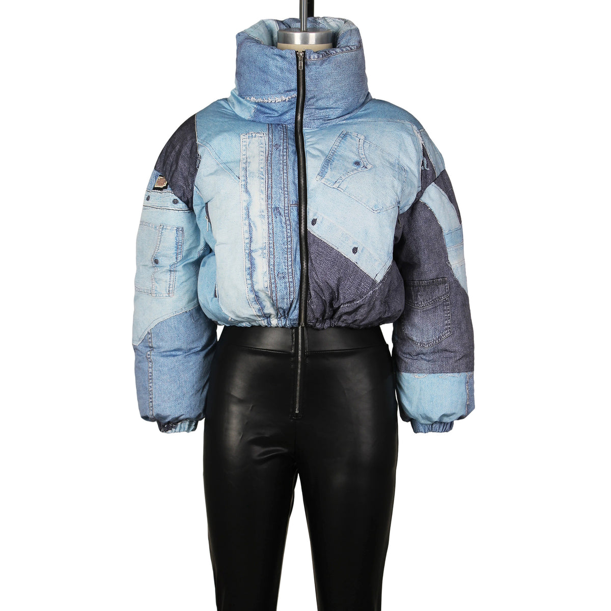 Women Fake Jean Printed Long Sleeve Zipper Fly Stand Collar Parkas Jackets  Autumn Winter Keep Warm Outcoats Jacket