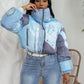 Women Fake Jean Printed Long Sleeve Zipper Fly Stand Collar Parkas Jackets  Autumn Winter Keep Warm Outcoats Jacket