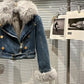 Women Denim Coat  Winer New Fox Fur Collar Rabbit Inner Metal Buckle Zipper Belt High Waist Warm Short Jean Jacket