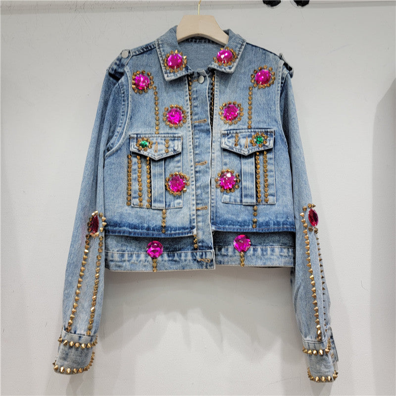 Heavy Handmade Design Rhinestone Beaded Slimming All-Matching Short Denim Jacket Women Jean Jacket Trendy Fall New Clothes