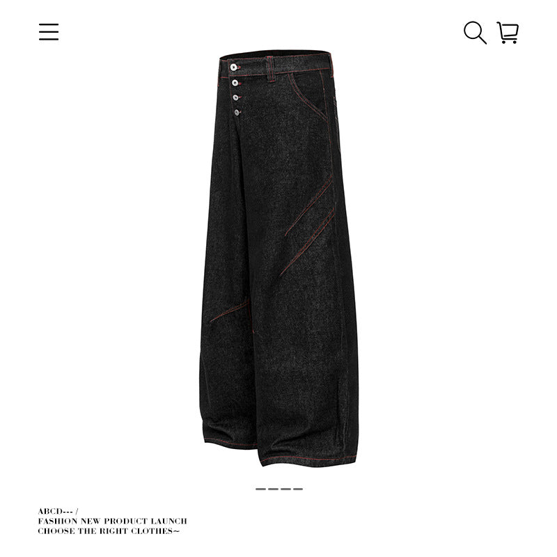 Baggy American Retro High Street Deconstructed Straight Leg Jeans Men Autumn Casual Loose Wide Leg Pants
