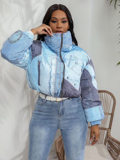 Women Fake Jean Printed Long Sleeve Zipper Fly Stand Collar Parkas Jackets  Autumn Winter Keep Warm Outcoats Jacket