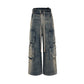 RO Style Gradient Ribbons Multi-pockets Drawstring Jeans for Men Harajuku Streetwear Baggy Y2K Denim Trousers Oversized Cargos
