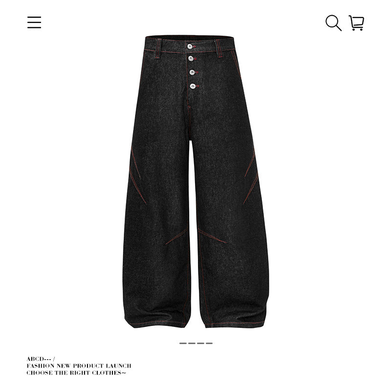 Baggy American Retro High Street Deconstructed Straight Leg Jeans Men Autumn Casual Loose Wide Leg Pants