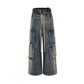 RO Style Gradient Ribbons Multi-pockets Drawstring Jeans for Men Harajuku Streetwear Baggy Y2K Denim Trousers Oversized Cargos
