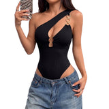 Slanted shoulder hollow tight jumpsuit for women