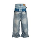 American High Street Design Double Layer Spliced Baggy Denim Trousers Loose Wide Leg Straight Jeans for Men