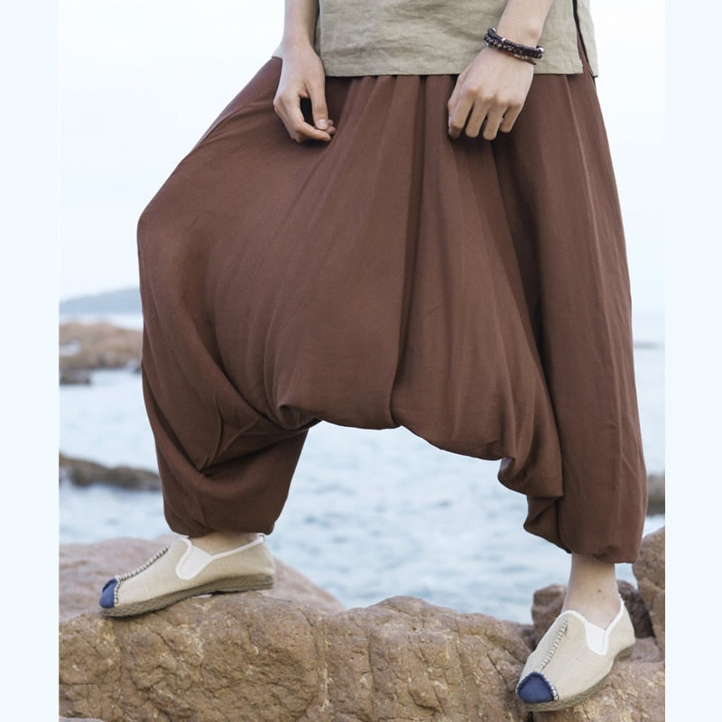 Men's Harem Pants Retro Drop Crotch Joggers Casual Trousers Men Baggy Loose Nepal Style Wide Leg Pants