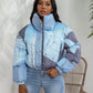 Women Fake Jean Printed Long Sleeve Zipper Fly Stand Collar Parkas Jackets  Autumn Winter Keep Warm Outcoats Jacket