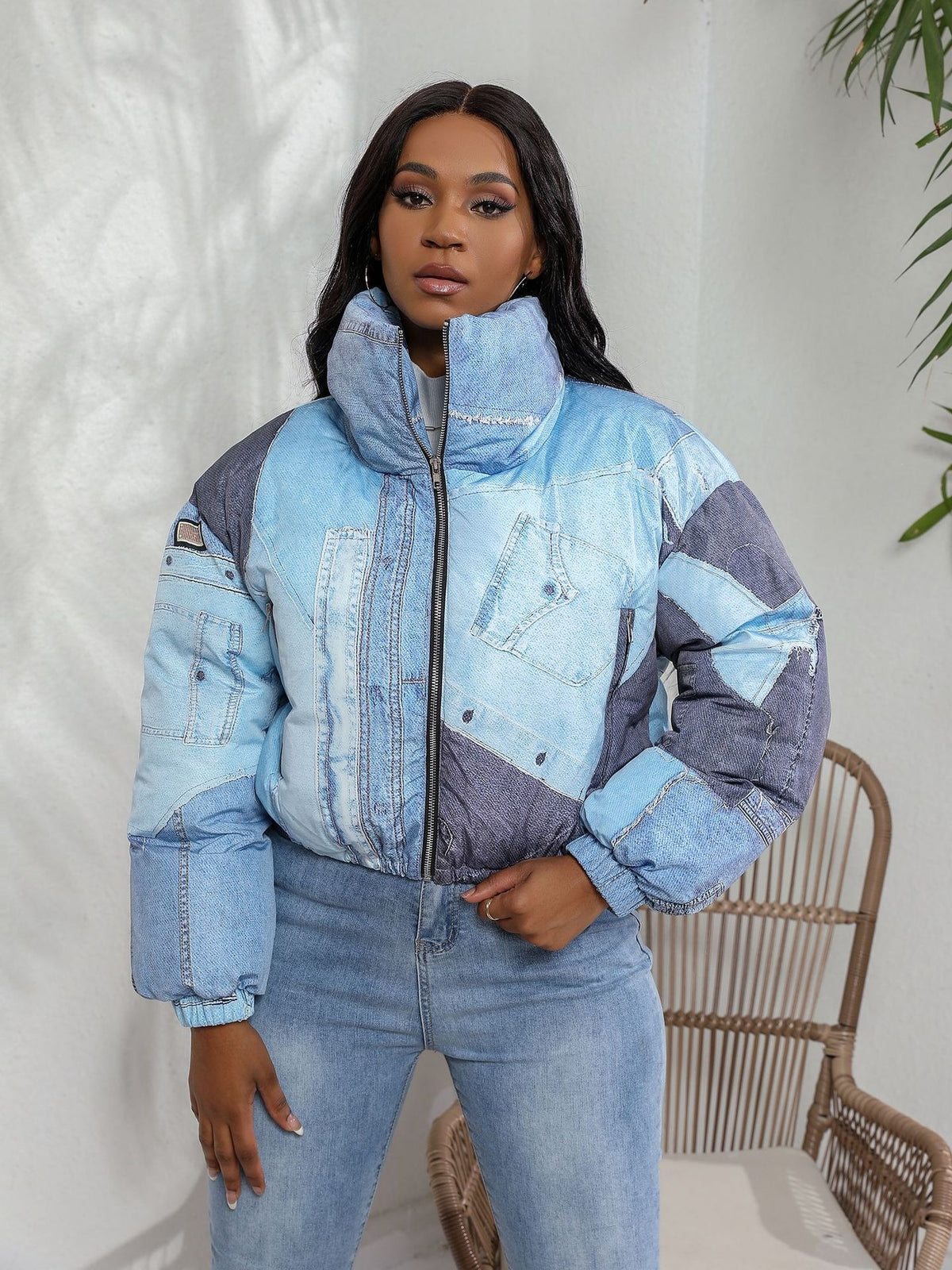 Women Fake Jean Printed Long Sleeve Zipper Fly Stand Collar Parkas Jackets  Autumn Winter Keep Warm Outcoats Jacket
