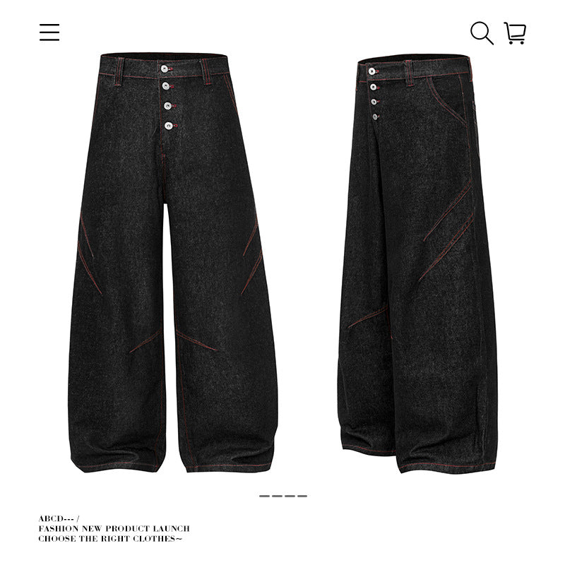 Baggy American Retro High Street Deconstructed Straight Leg Jeans Men Autumn Casual Loose Wide Leg Pants